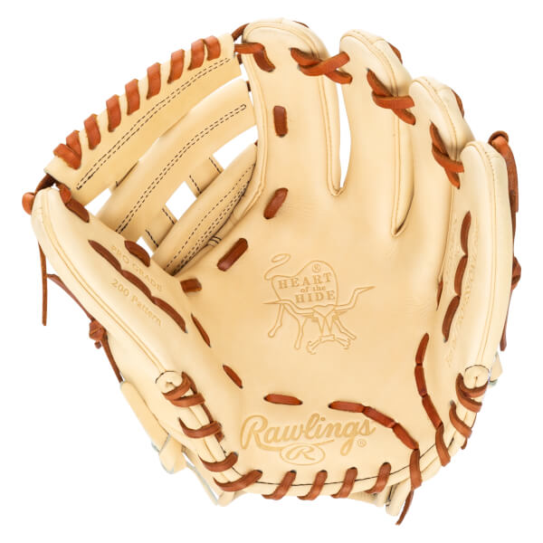 Top-down view of a tan Rawlings baseball glove with "PRO GRADE 200 Pattern" and "Rawlings" text.