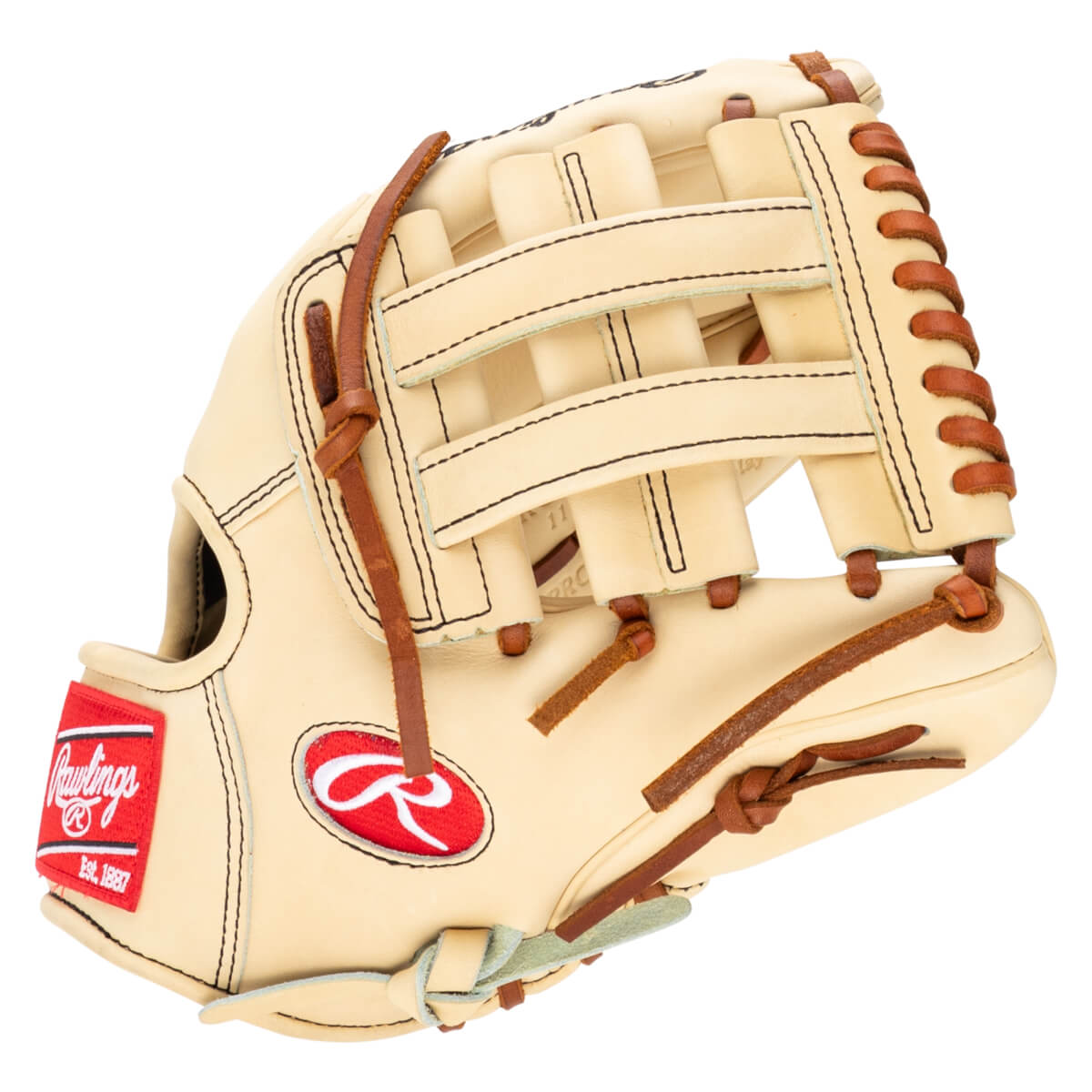 Side view of a tan baseball glove with a red Rawlings logo and "Est. 1887" text.