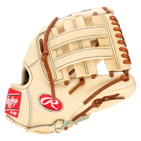 Side view of a tan baseball glove with a red Rawlings logo and "Est. 1887" text.