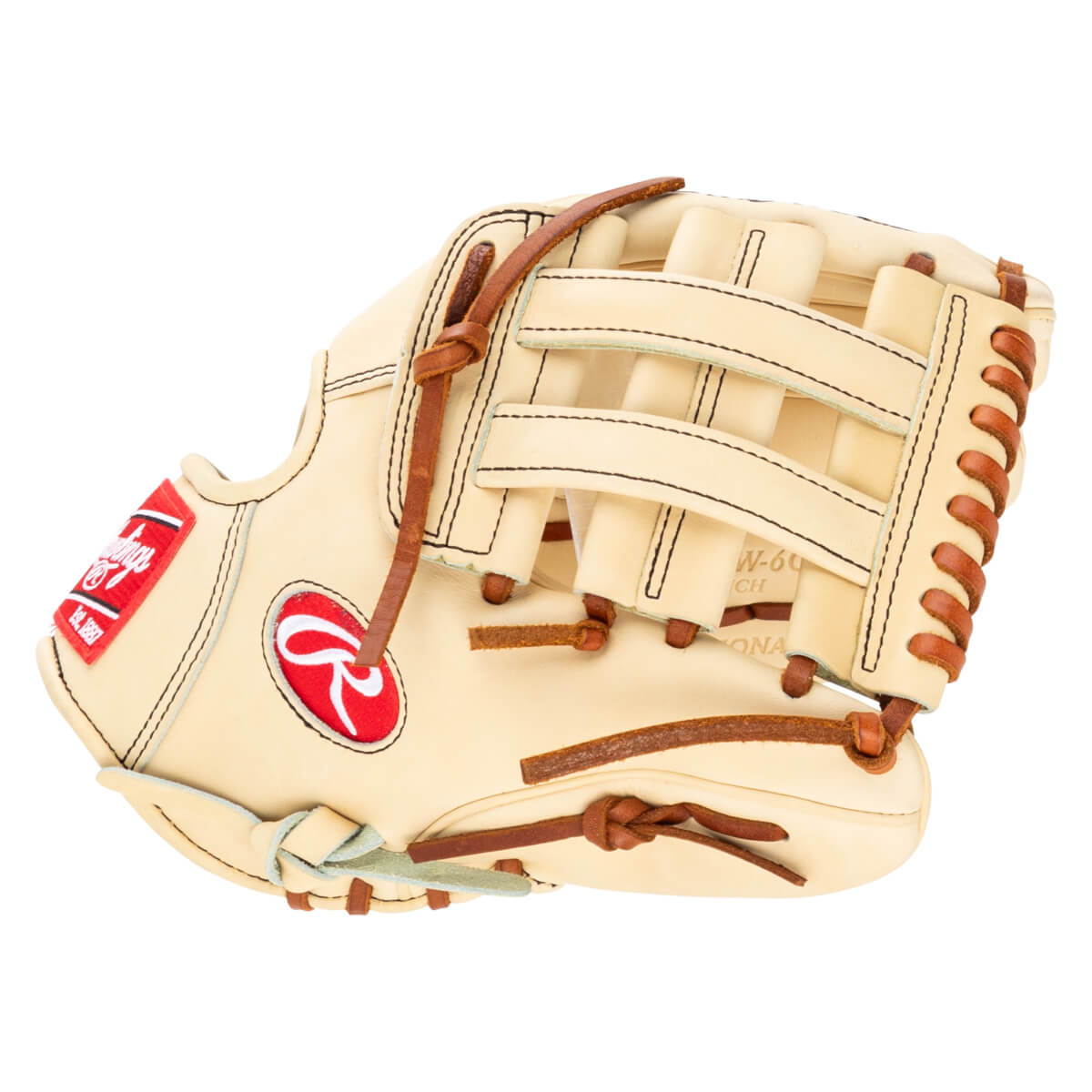 Side view of a tan Rawlings baseball glove with red logo and "W-60" visible.