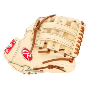 Side view of a tan Rawlings baseball glove with red logo and "W-60" visible.
