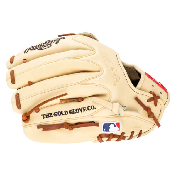 Front view of a tan Rawlings baseball glove with "THE GOLD GLOVE CO." and MLB logo.