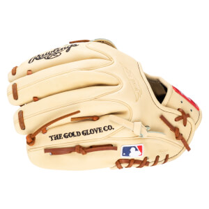 Front view of a tan Rawlings baseball glove with "THE GOLD GLOVE CO." and MLB logo.