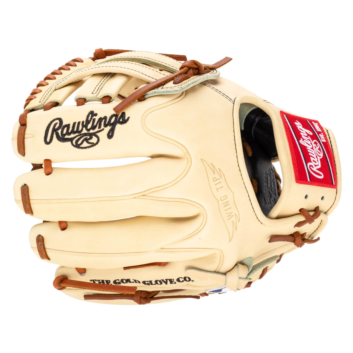 Front view of a tan Rawlings baseball glove with black stitching, a red Rawlings logo patch, and "WING TIP" embossed on the palm.