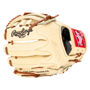 Front view of a tan Rawlings baseball glove with black stitching, a red Rawlings logo patch, and "WING TIP" embossed on the palm.