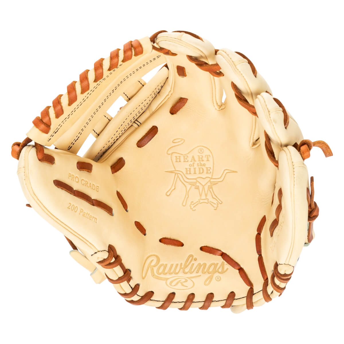 Top-down view of a tan Rawlings baseball glove with "PRO GRADE 200 Pattern" and "HEART of the HIDE" embossed.