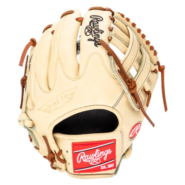 Top-down view of a tan Rawlings baseball glove with a red "Rawlings Est. 1887" patch and "Wing Tip" embossed detail.