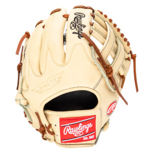 Top-down view of a tan Rawlings baseball glove with a red "Rawlings Est. 1887" patch and "Wing Tip" embossed detail.