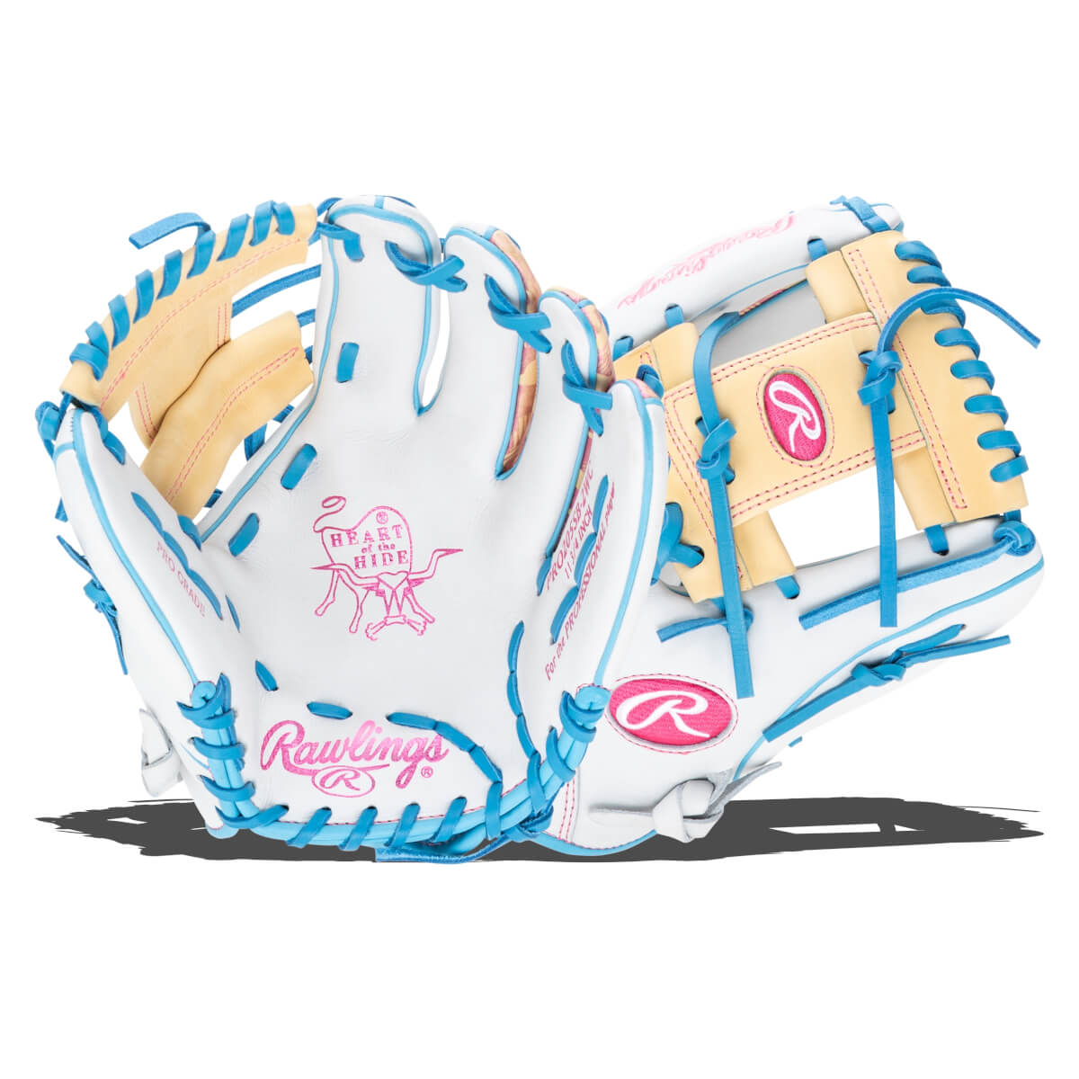 Front view of a white Rawlings baseball glove with blue lacing and pink accents, featuring the "Heart of the Hide" logo.