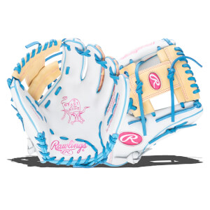 Front view of a white Rawlings baseball glove with blue lacing and pink accents, featuring the "Heart of the Hide" logo.