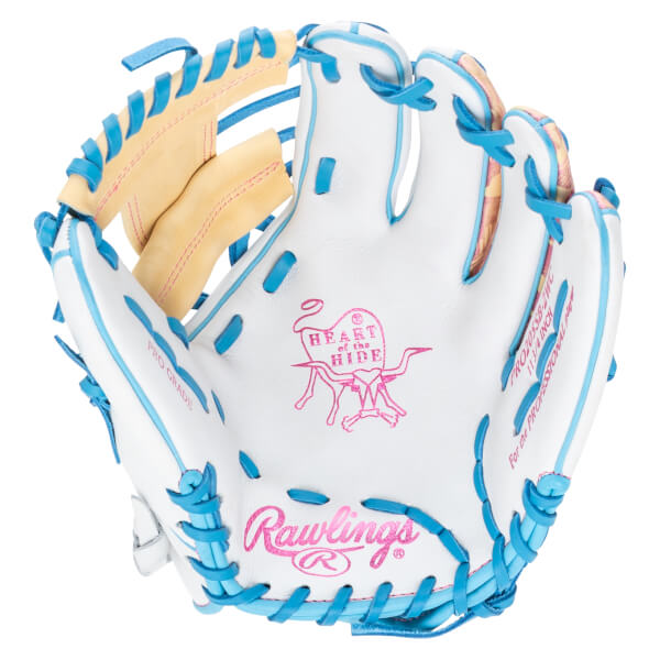 Top-down view of a white Rawlings baseball glove with blue lacing and pink accents, featuring "Rawlings" and "Heart of the Hide" logos.