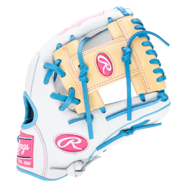 Top-down view of a white baseball glove with bright blue lacing, pink stitching, and a "Rawlings Est. 1887" patch.