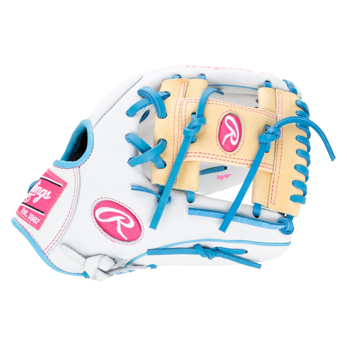 Side view of a white Rawlings baseball glove with blue laces, tan palm, and pink stitching.