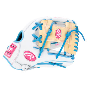 Side view of a white Rawlings baseball glove with blue laces, tan palm, and pink stitching.