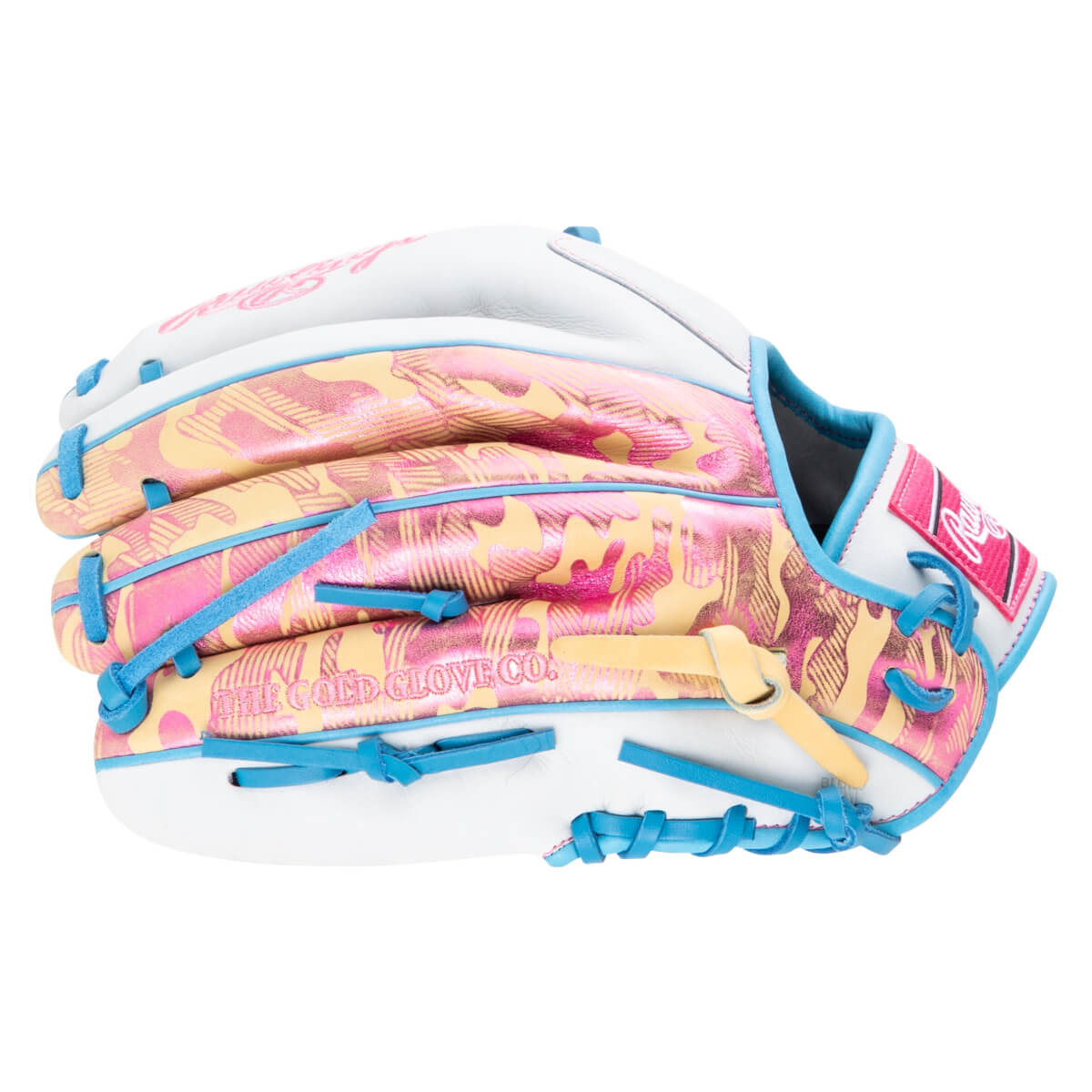 Side view of a white baseball glove with a pink and yellow camouflage pattern, blue lacing, and "THE GOLD GLOVE CO." text.
