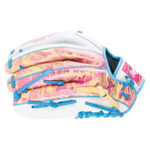 Side view of a white baseball glove with a pink and yellow camouflage pattern, blue lacing, and "THE GOLD GLOVE CO." text.