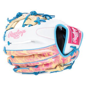 Side view of a white Rawlings baseball glove with pink and yellow camouflage pattern and blue lacing.