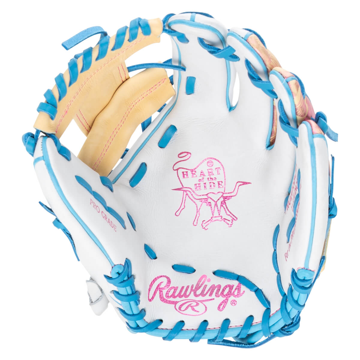 Top-down view of a white baseball glove with pink "Rawlings" logo and blue lacing.