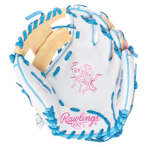 Top-down view of a white baseball glove with pink "Rawlings" logo and blue lacing.