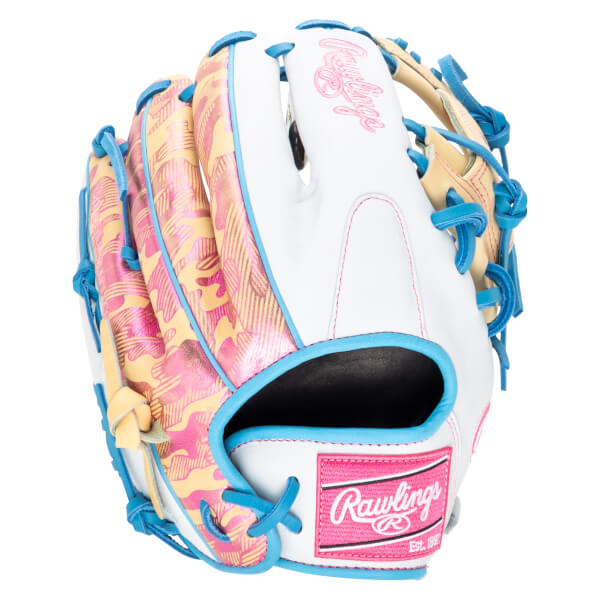 Front view of a white baseball glove with pink and gold camouflage pattern, blue lacing, and a pink Rawlings logo patch.
