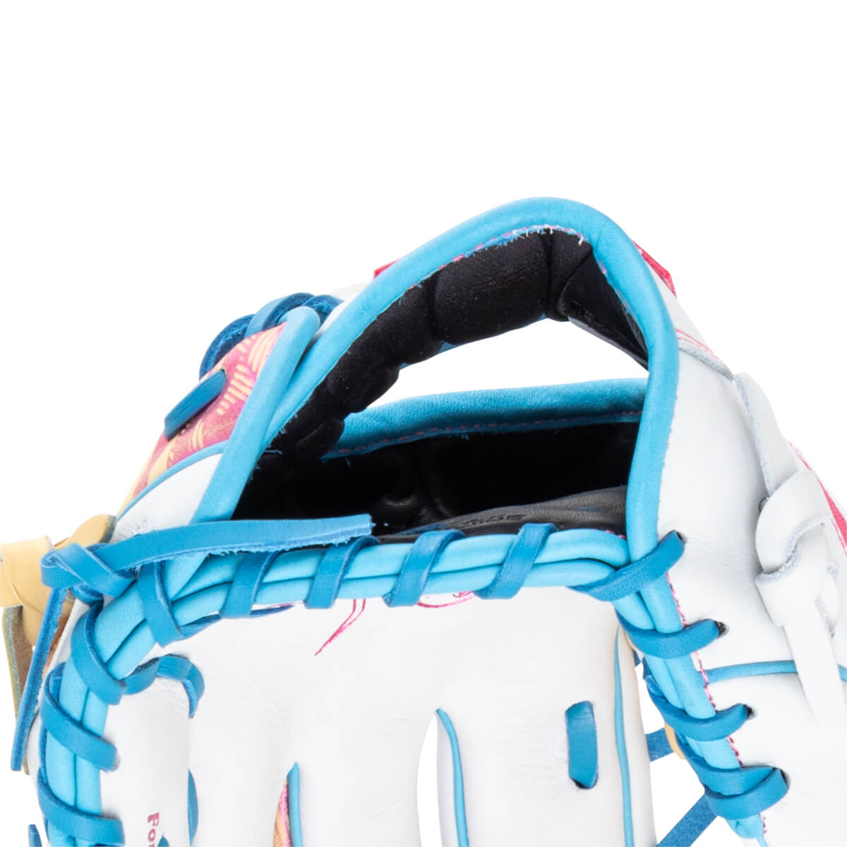 Close-up of a white baseball glove with bright blue lacing and a colorful patterned interior.