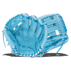 Front view of a light blue Rawlings baseball glove with "PRO GRADE" and "HEART of the HIDE" embossed.