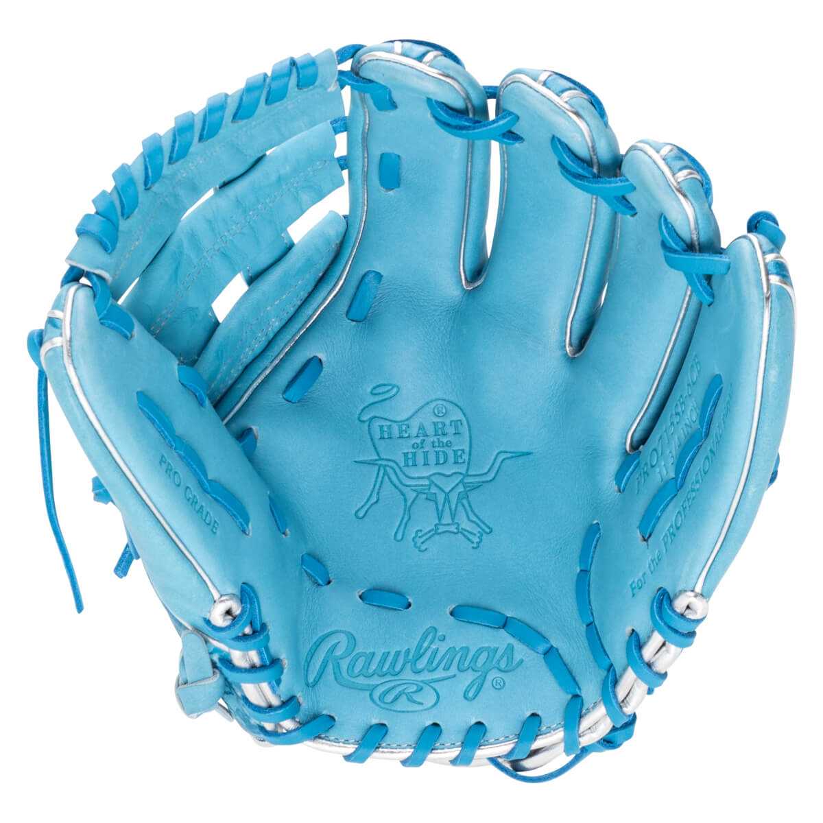 Top-down view of a light blue Rawlings baseball glove with "PRO GRADE" and "HEART of the HIDE" embossed.