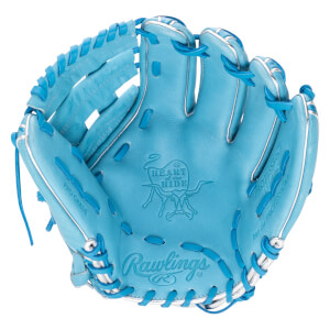 Top-down view of a light blue Rawlings baseball glove with "PRO GRADE" and "HEART of the HIDE" embossed.