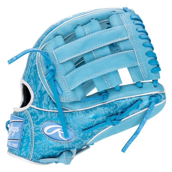 Side view of a light blue baseball glove with a floral pattern and a Rawlings logo.