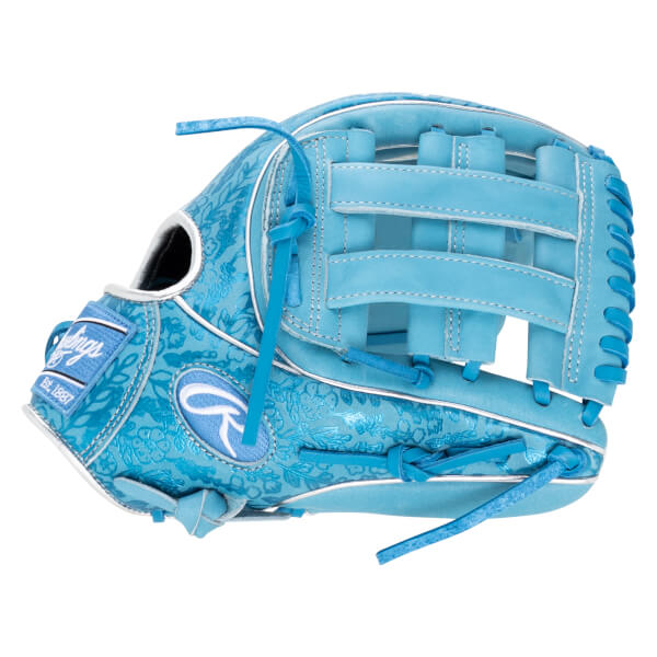 Side view of a light blue baseball glove with a floral pattern, white stitching, and the Rawlings logo.