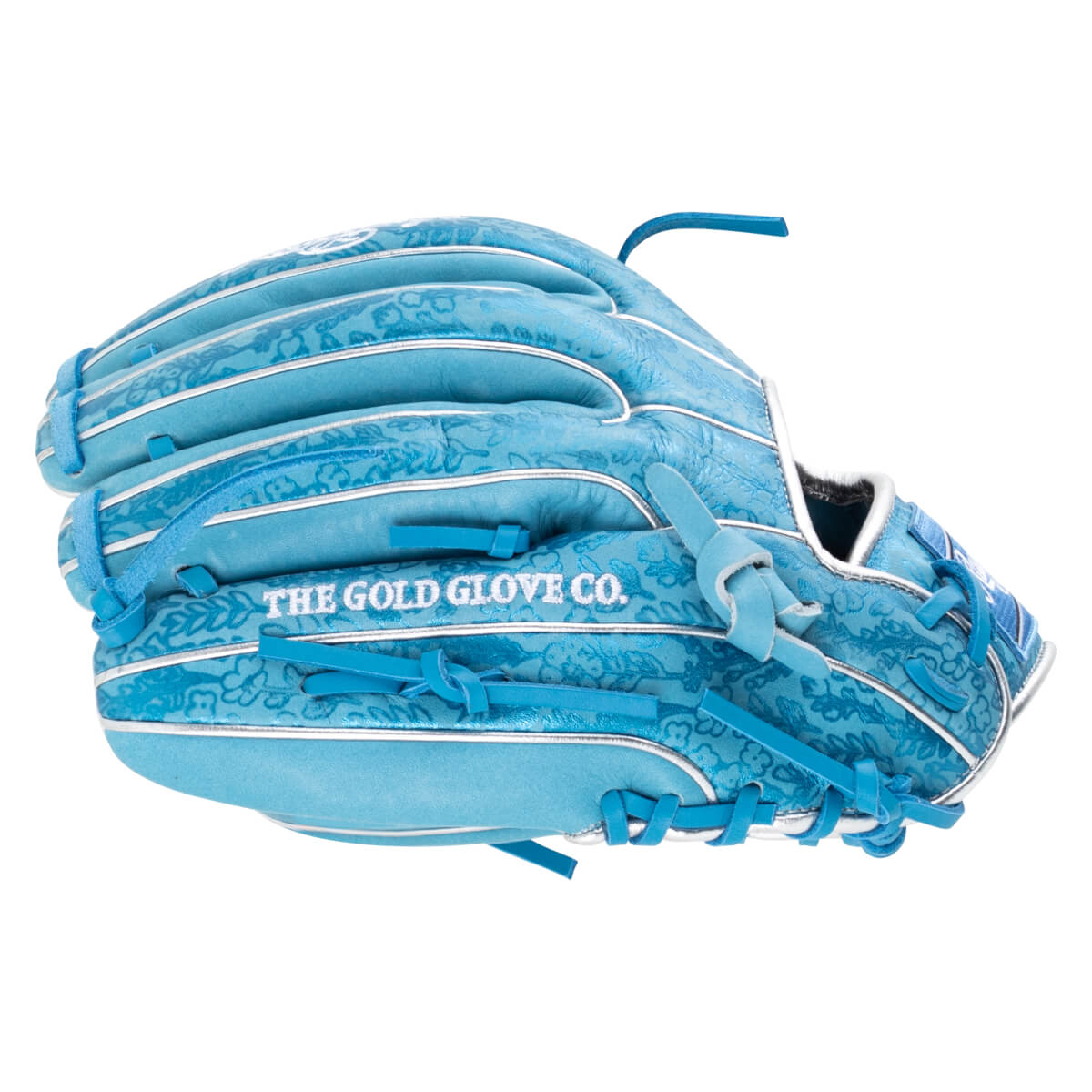 Side view of a light blue baseball glove with a floral pattern and "THE GOLD GLOVE CO." text.