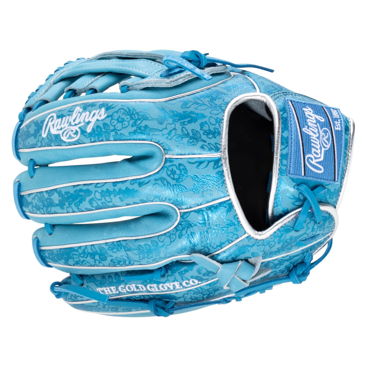 Top-down view of a light blue baseball glove with a floral pattern, featuring "Rawlings" and "The Gold Glove Co." text.