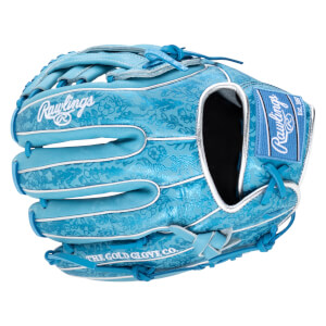 Top-down view of a light blue baseball glove with a floral pattern, featuring "Rawlings" and "The Gold Glove Co." text.