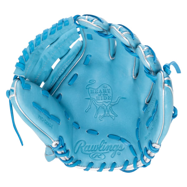 Top-down view of a light blue Rawlings baseball glove with "PRO GRADE" and "Rawlings" text.