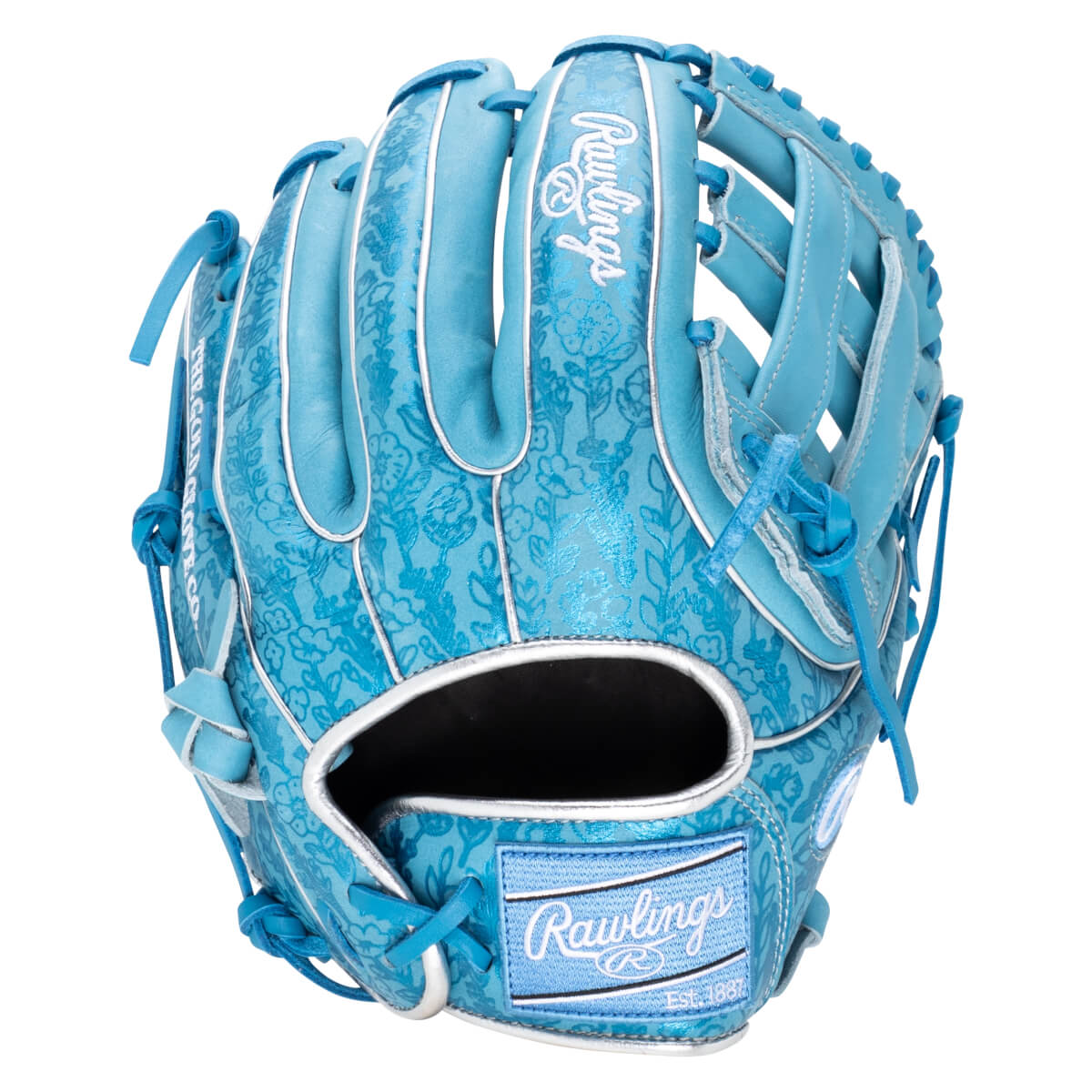 Front view of a light blue baseball glove with a floral pattern, white stitching, and a Rawlings logo.