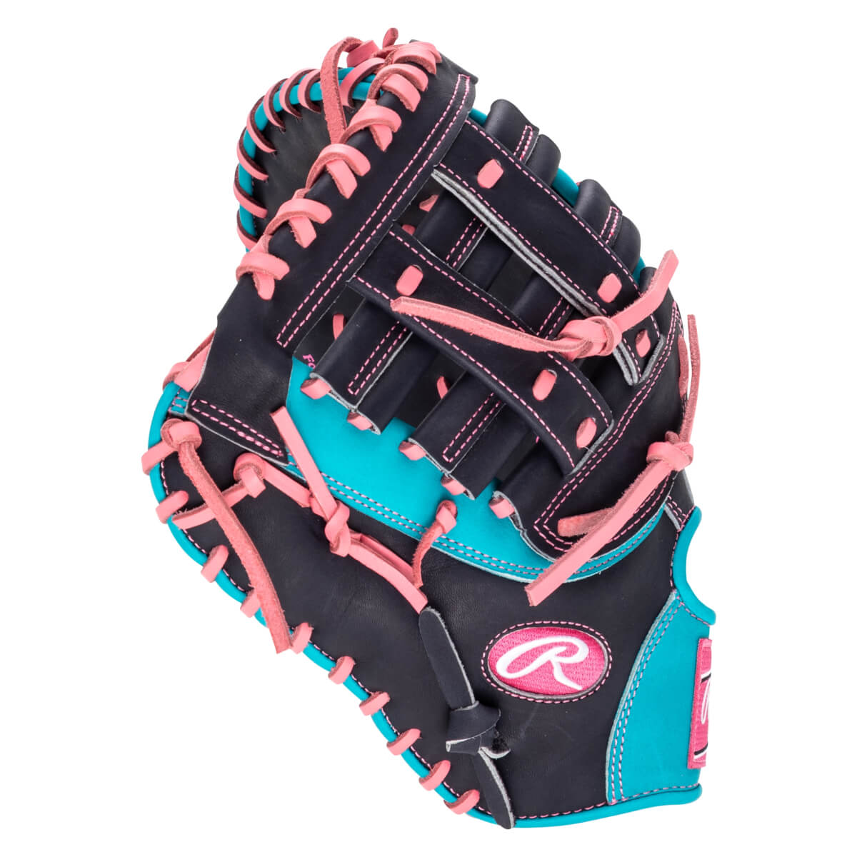 Top-down view of a black baseball glove with bright pink lacing and turquoise accents, featuring the Rawlings logo.