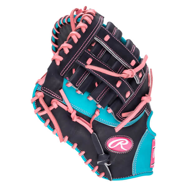 Top-down view of a black baseball glove with bright pink lacing and turquoise accents, featuring the Rawlings logo.