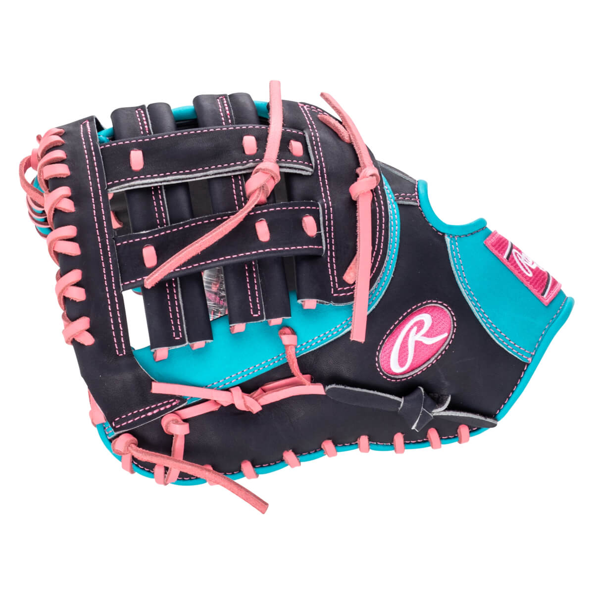 Top-down view of a black baseball glove with pink lacing and turquoise accents, featuring a pink Rawlings "R" logo.