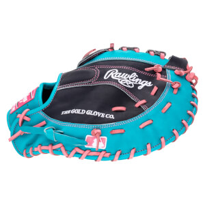 Top-down view of a teal and black Rawlings baseball glove with pink lacing and "The Gold Glove Co." text.