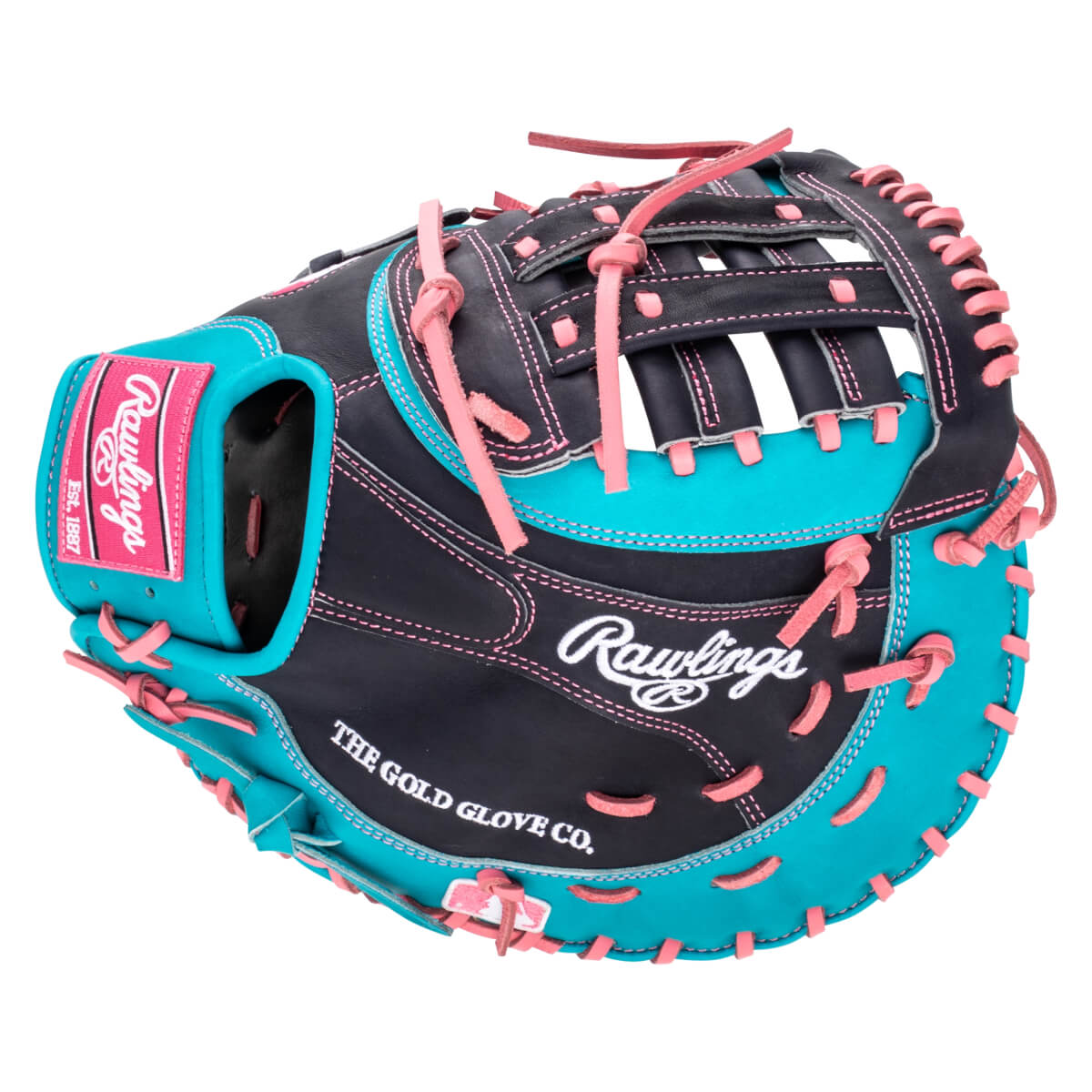 Side view of a black and teal Rawlings baseball glove with pink stitching and laces, showing the "Rawlings" logo and "THE GOLD GLOVE CO." text.