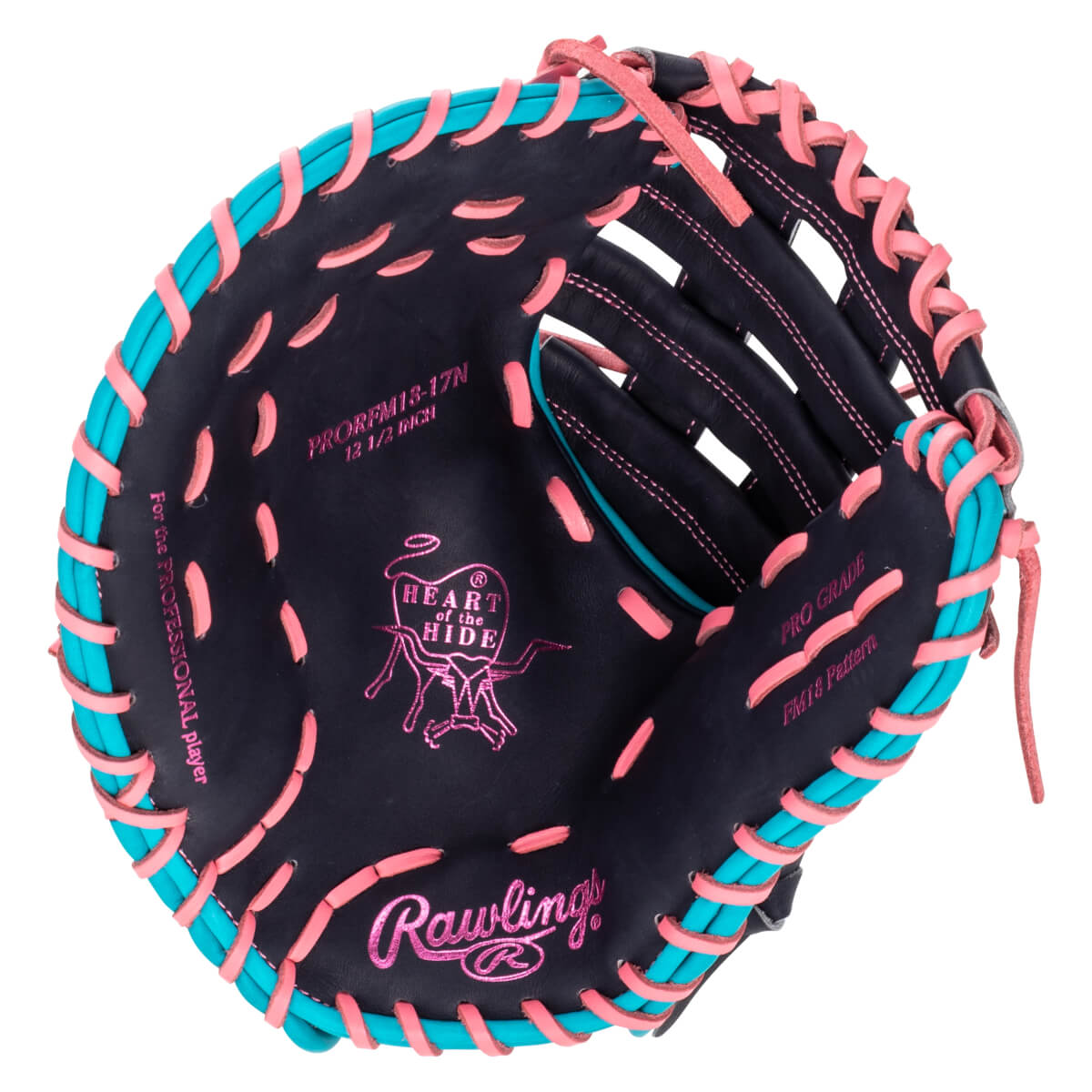 Inside view of a dark navy baseball glove with pink and teal lacing, showing the "Rawlings" logo and "Heart of the Hide" emblem.