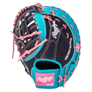 Top-down view of a black and teal baseball glove with pink lacing and a Rawlings logo.