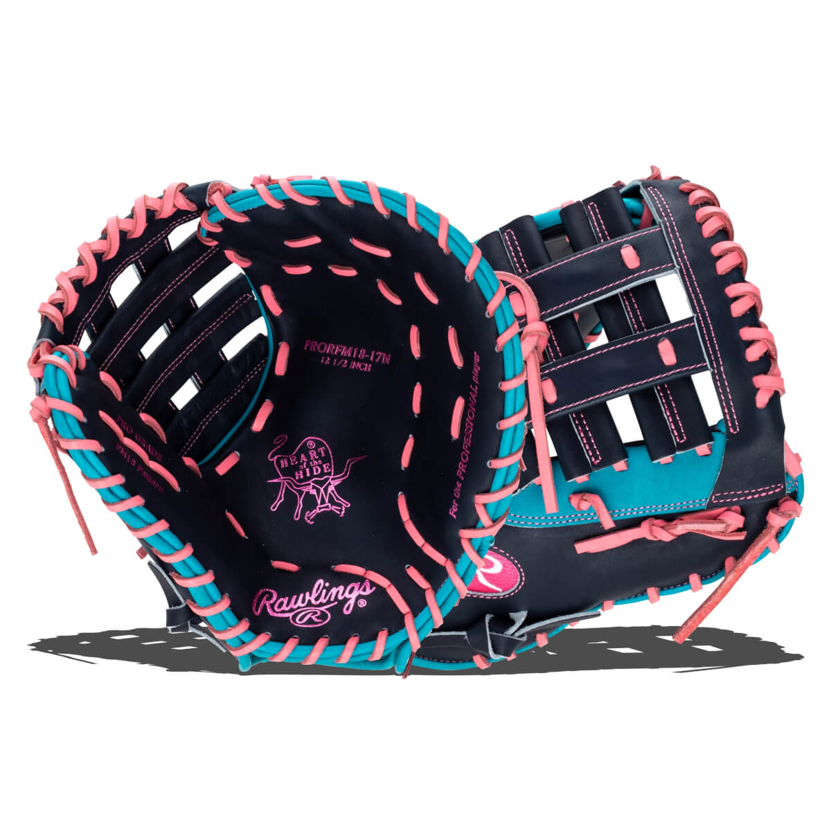 Top-down view of a navy baseball glove with bright pink and teal lacing, showing the "Rawlings" logo and "Heart of the Hide" emblem.