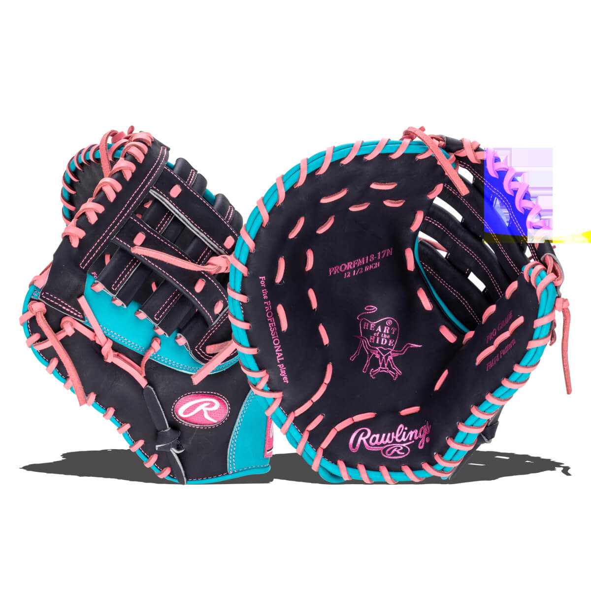 Front view of a black baseball glove with pink and teal lacing, featuring the Rawlings logo and "Heart of the Hide" text.