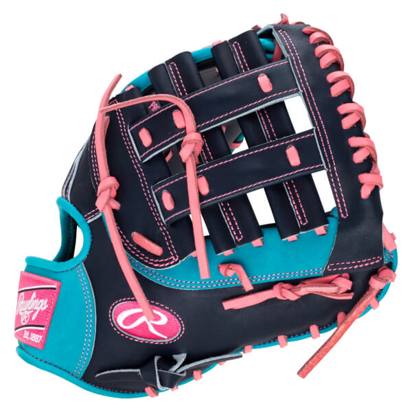 Front view of a navy, teal, and pink Rawlings baseball glove with a "Rawlings" logo and "Est. 1887" text.