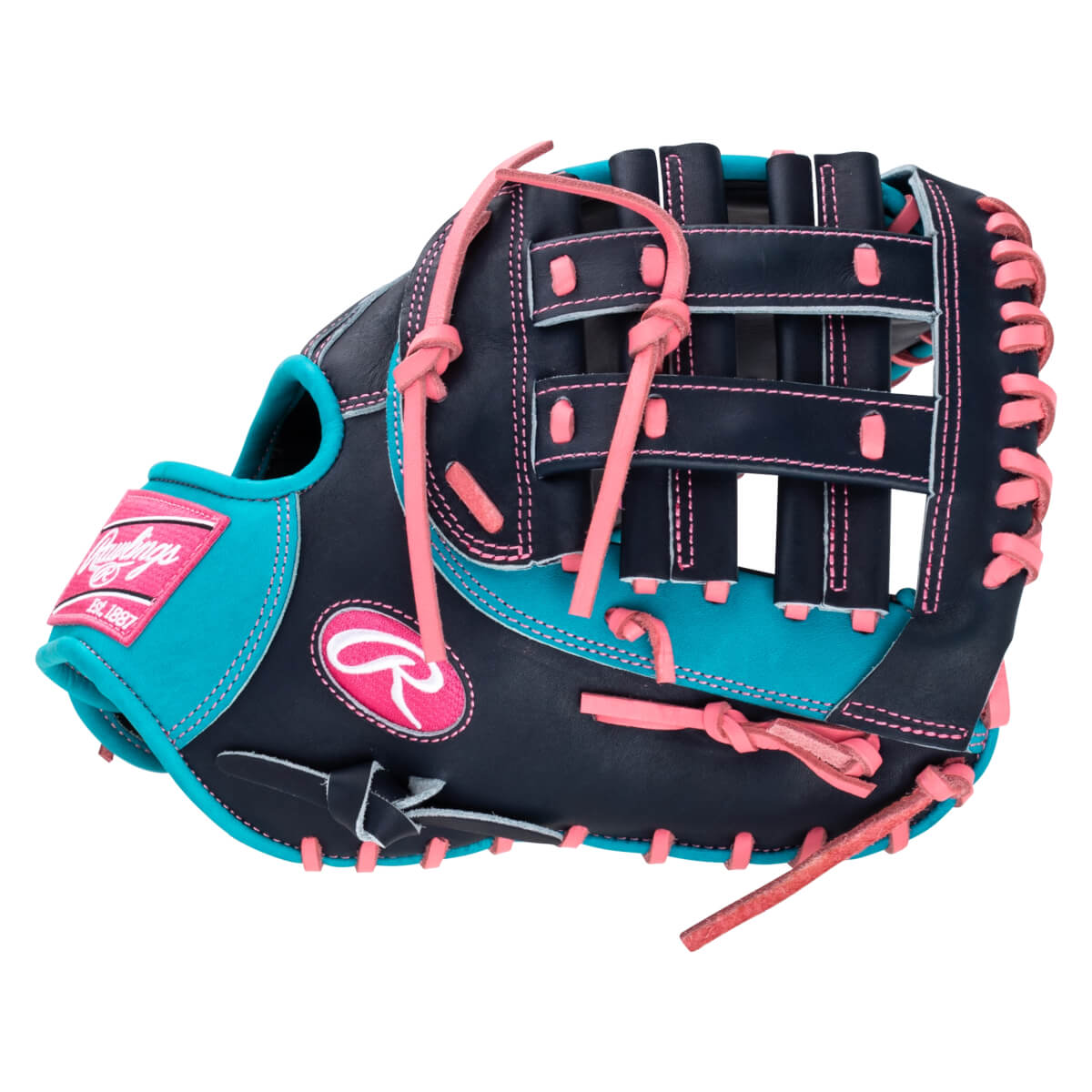 Top-down view of a navy baseball glove with pink lacing and teal accents, featuring the Rawlings logo.