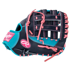 Top-down view of a navy baseball glove with pink lacing and teal accents, featuring the Rawlings logo.