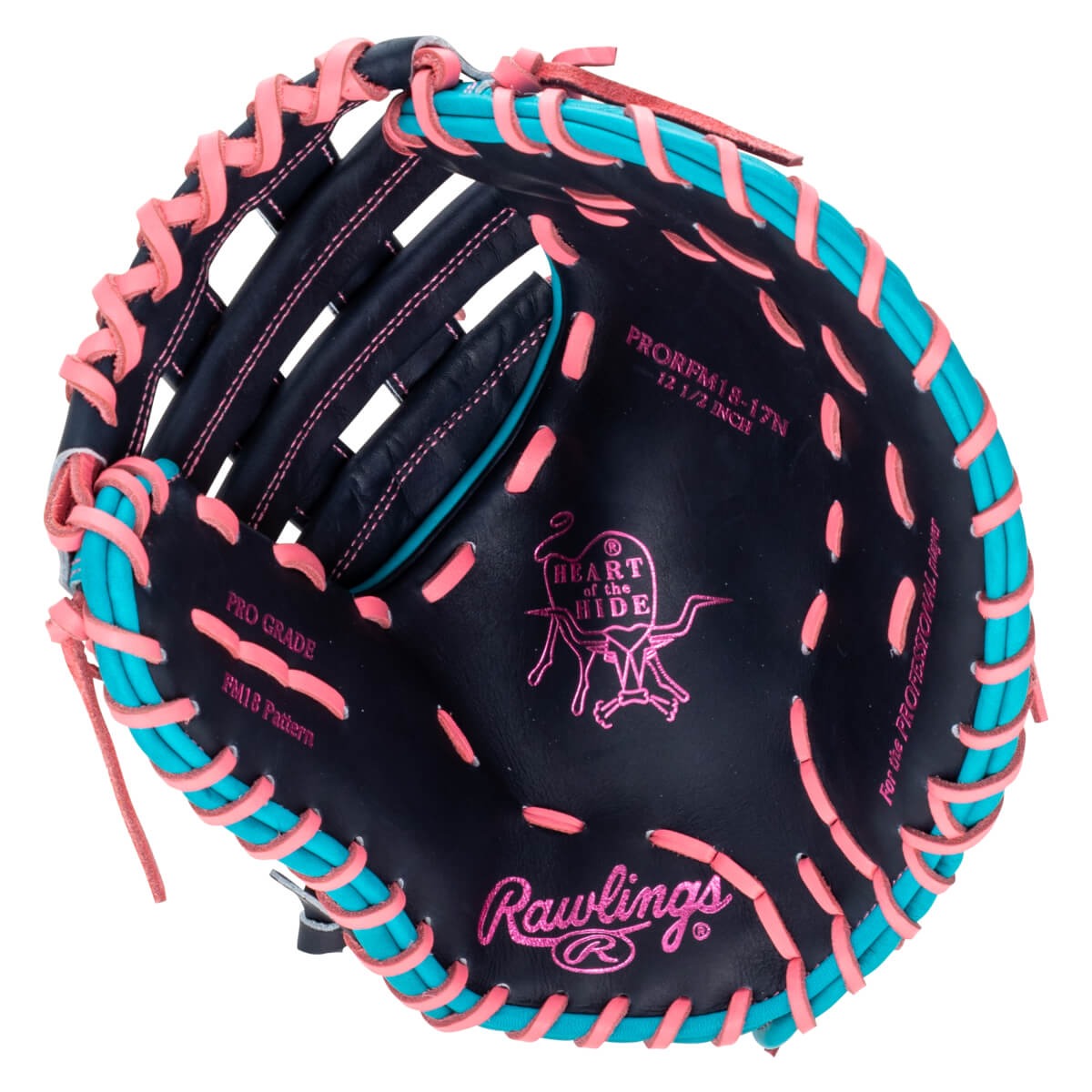 Top-down view of a black baseball glove with pink and teal lacing, featuring "Rawlings" and "Heart of the Hide" logos.