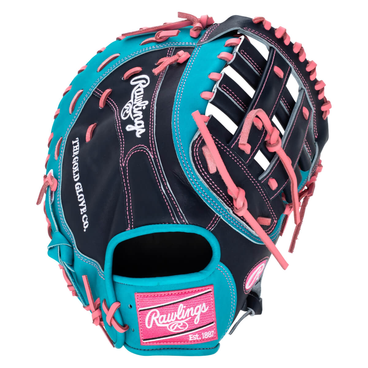 Top-down view of a navy and teal Rawlings baseball glove with pink lacing and a "Rawlings Est. 1887" patch.