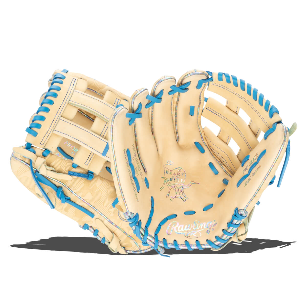 Close-up of a tan baseball glove with bright blue lacing and iridescent accents, showing the "Heart of the Hide" logo.